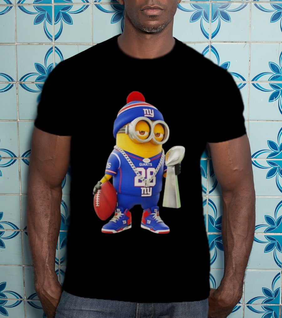 Minion In New York Giants Jersey With Football Trophy And Beanie T-Shirt