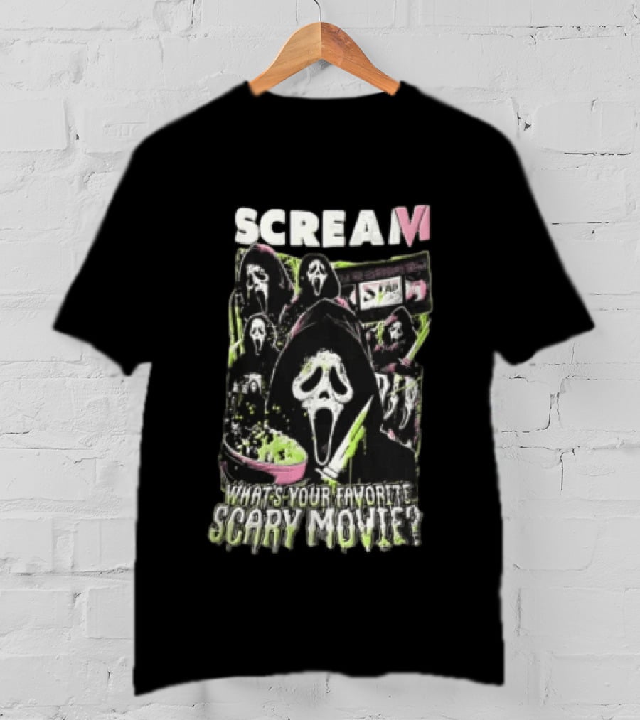 Scream VI What's Your Favorite Scary Movie Ghostface Masks Holding Knife Popcorn T-Shirt