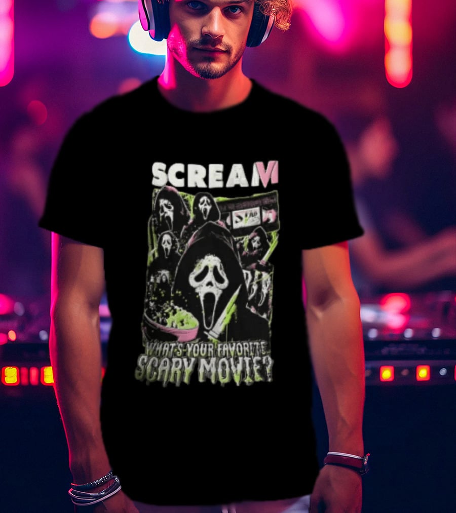 Scream VI What's Your Favorite Scary Movie Ghostface Masks Holding Knife Popcorn T-Shirt