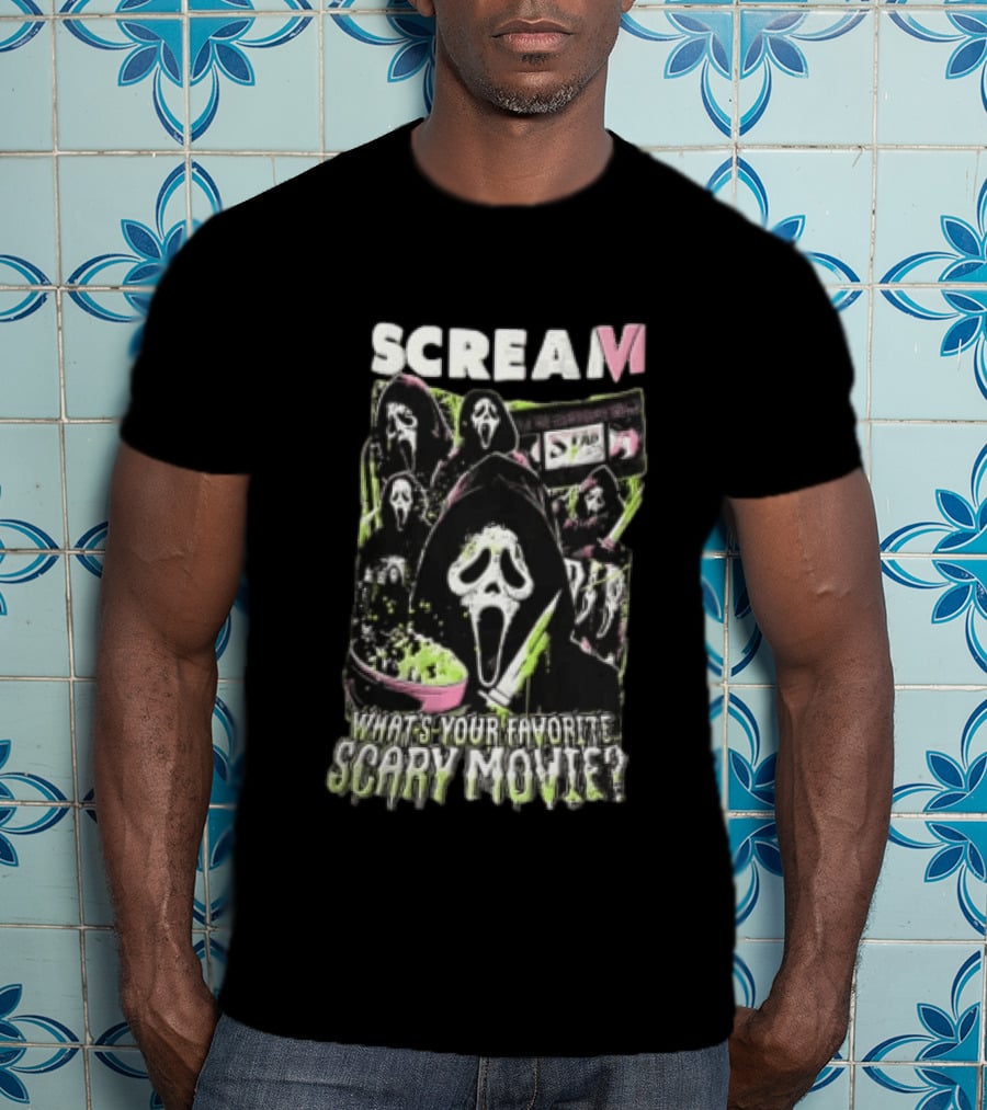 Scream VI What's Your Favorite Scary Movie Ghostface Masks Holding Knife Popcorn T-Shirt