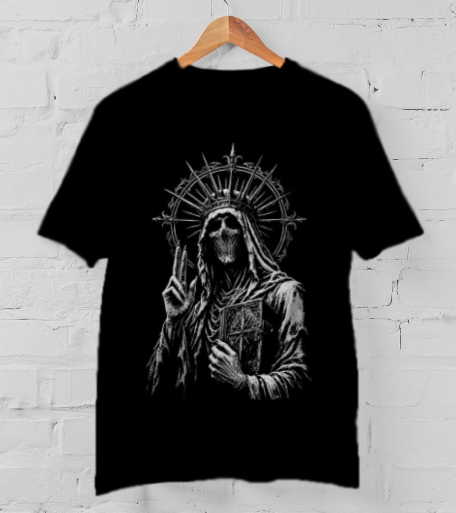 Skeletal Crowned Figure With Radiant Halo Holding Book T-Shirt
