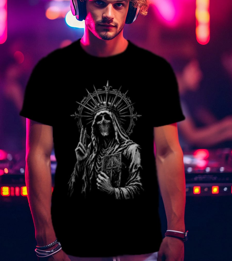 Skeletal Crowned Figure With Radiant Halo Holding Book T-Shirt
