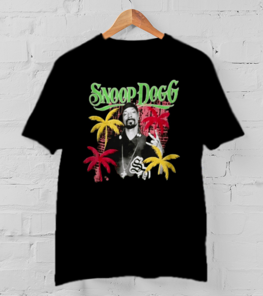 Snoop Dogg Palm Trees Gesture Black And White Portrait With Red And Yellow Palm Trees T-Shirt