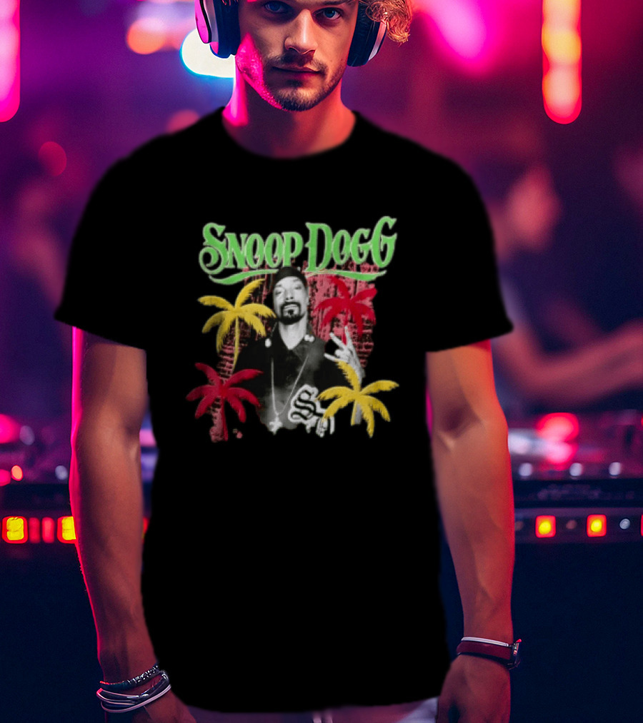 Snoop Dogg Palm Trees Gesture Black And White Portrait With Red And Yellow Palm Trees T-Shirt