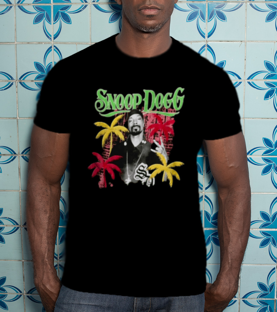 Snoop Dogg Palm Trees Gesture Black And White Portrait With Red And Yellow Palm Trees T-Shirt