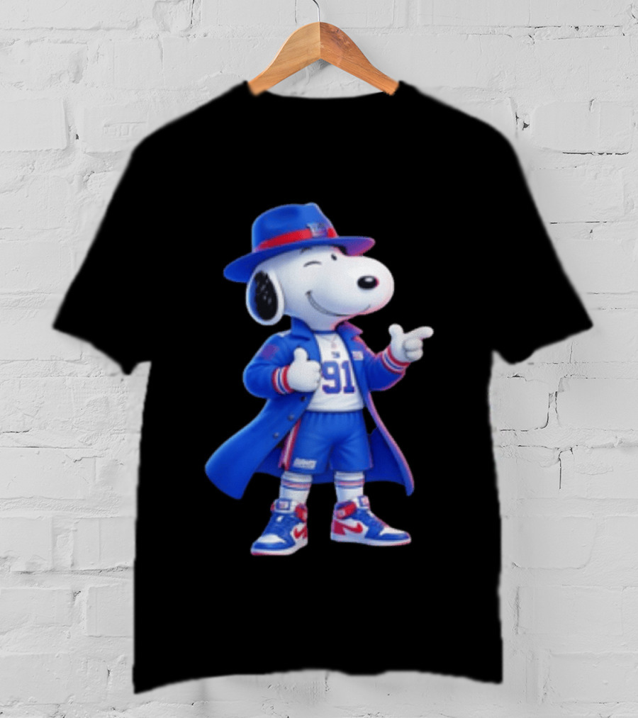 Snoopy New York Giants Football Player Cartoon Blue Coat And Hat T-Shirt