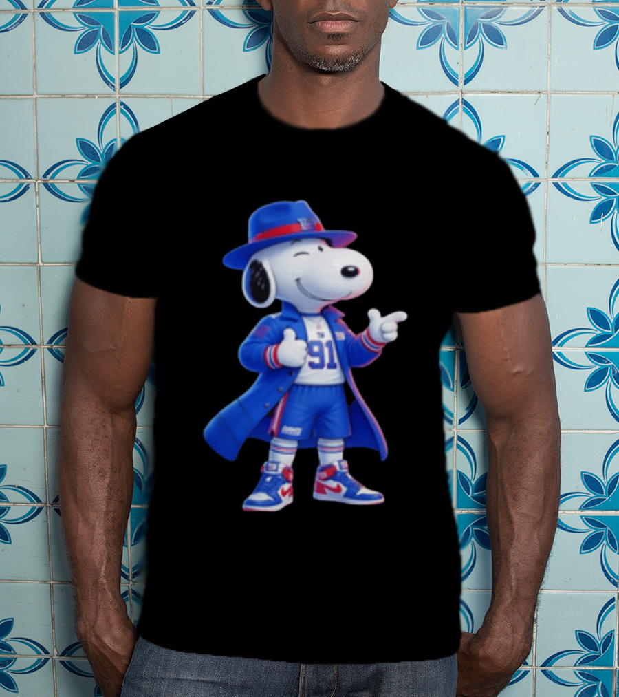 Snoopy New York Giants Football Player Cartoon Blue Coat And Hat T-Shirt