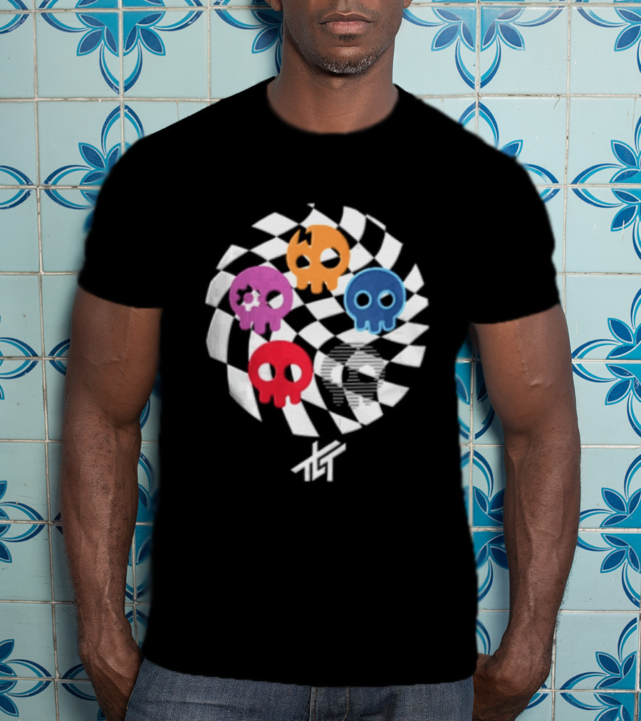 The Living Tombstone Five Colorful Skulls Checkered T-Shirt