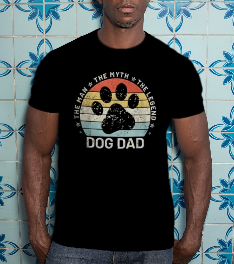 The Man The Myth The Legend Dog Dad Distressed Paw Rainbow Sunset T-Shirt