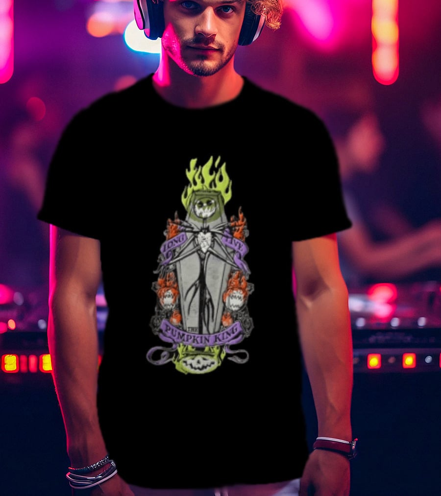 The Nightmare Before Christmas Long Live The Pumpkin King Skeleton Coffin Flames Pumpkins T-Shirt