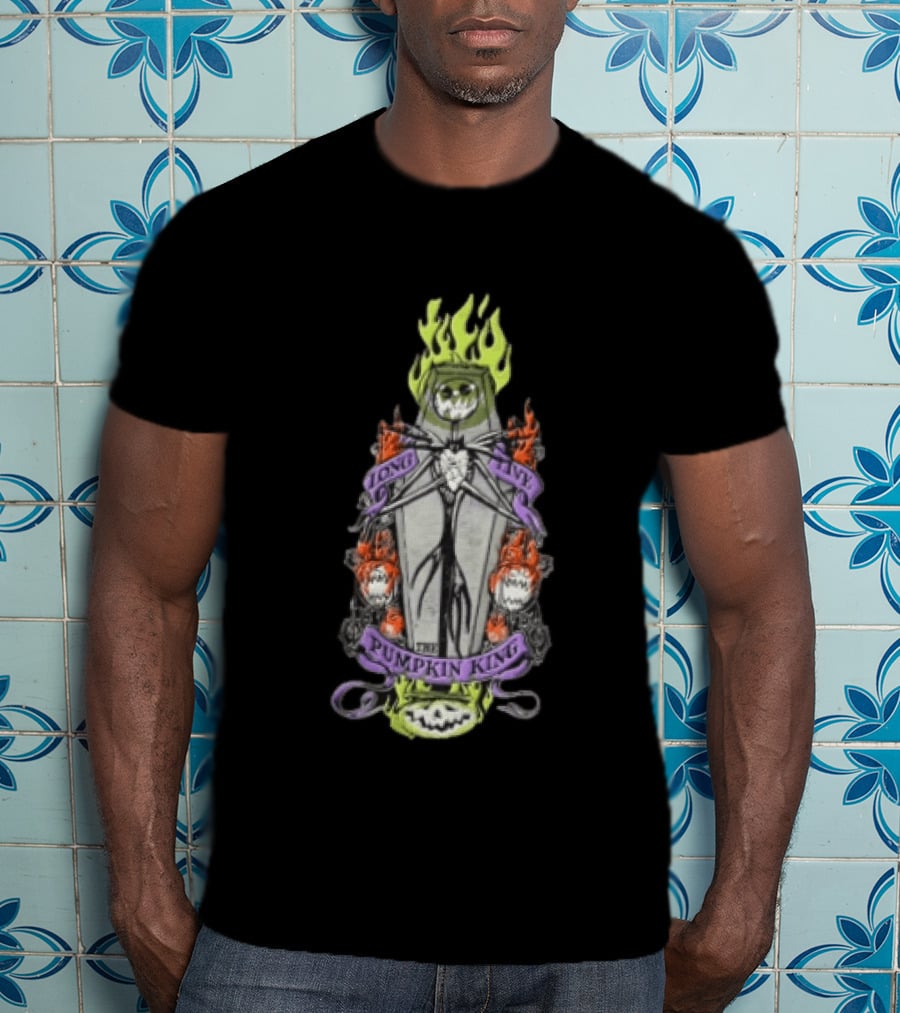 The Nightmare Before Christmas Long Live The Pumpkin King Skeleton Coffin Flames Pumpkins T-Shirt
