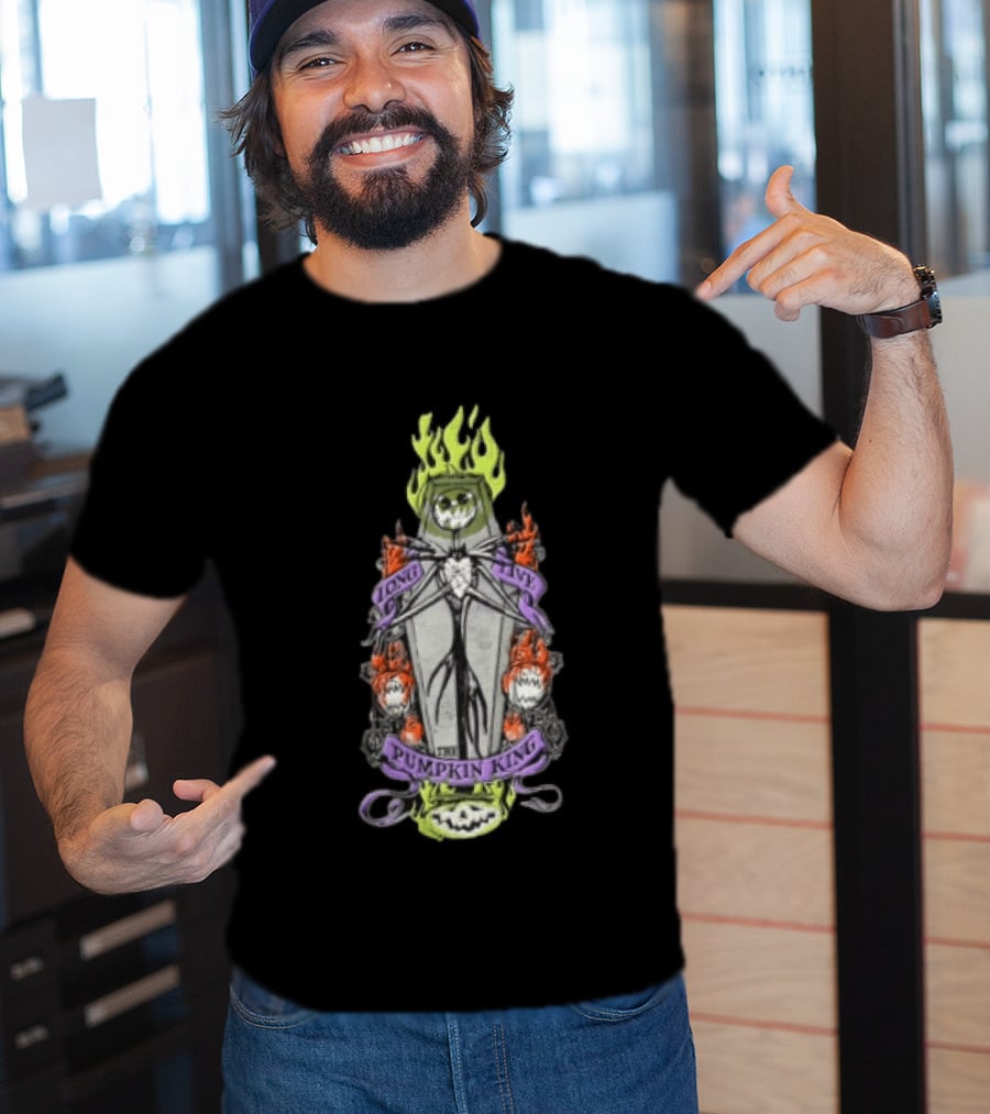 The Nightmare Before Christmas Long Live The Pumpkin King Skeleton Coffin Flames Pumpkins T-Shirt