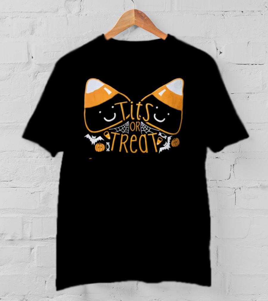 Halloween Candy Corn Faces Tits Or Treat With Spiders Webs Bats Pumpkins T-Shirt