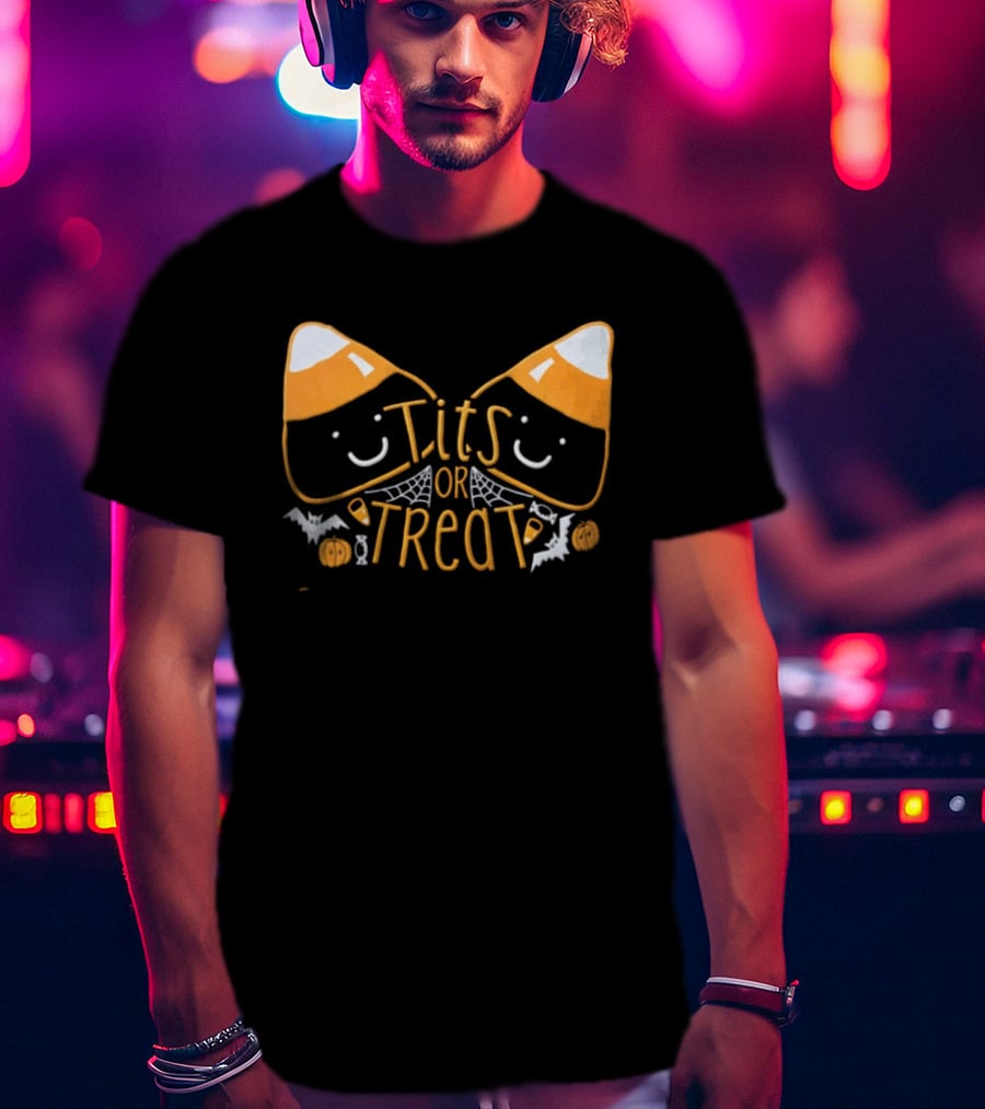Halloween Candy Corn Faces Tits Or Treat With Spiders Webs Bats Pumpkins T-Shirt