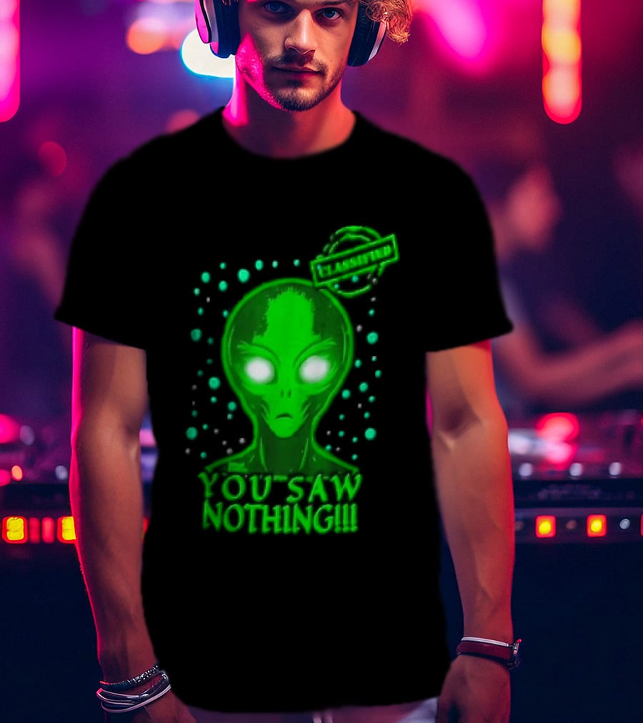 Green Alien You Saw Nothing Glowing Eyes UFO Dots T-Shirt