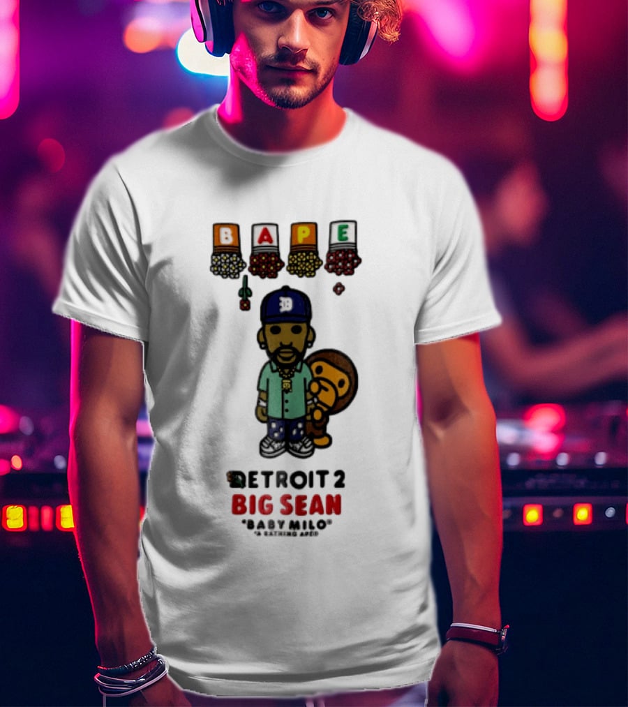 BAPE Big Sean Detroit 2 Baby Milo Cartoon Man Wearing Cap T-Shirt