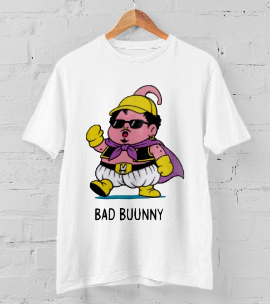 Bad Buunny Pink Majin Buu Sunglasses Yellow Hat Cape Cartoon T-Shirt