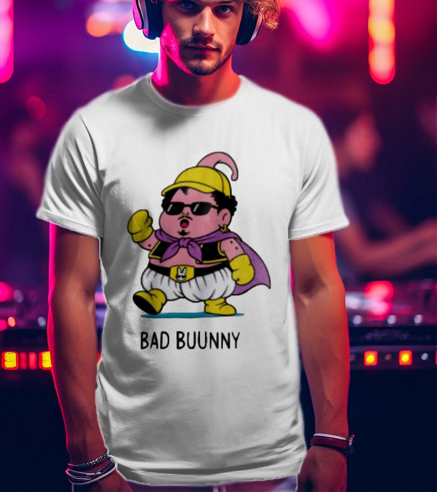 Bad Buunny Pink Majin Buu Sunglasses Yellow Hat Cape Cartoon T-Shirt