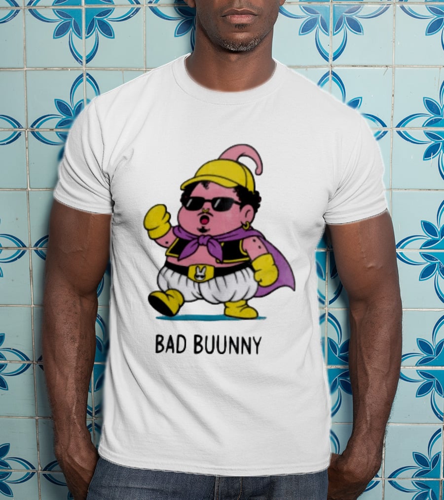 Bad Buunny Pink Majin Buu Sunglasses Yellow Hat Cape Cartoon T-Shirt