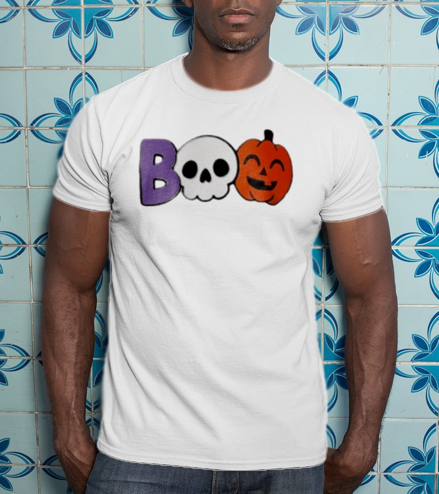 BOO Skull Pumpkin Purple Letter Halloween Fun T-Shirt