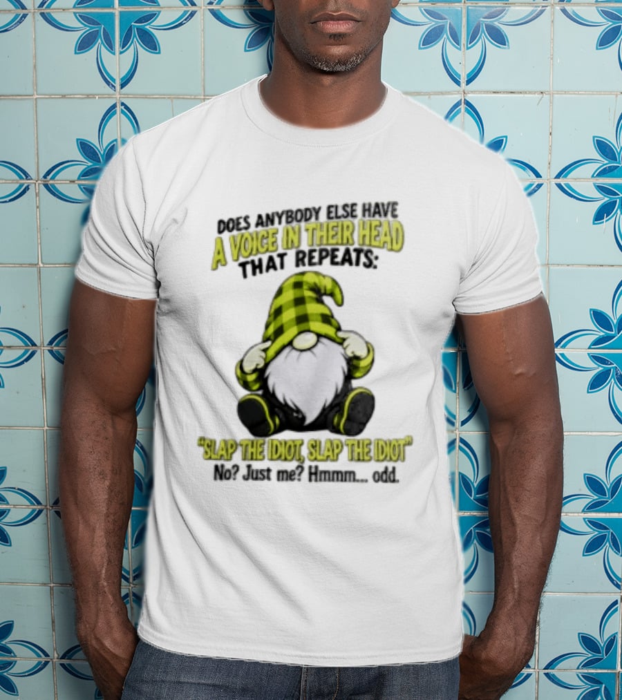 Does Anybody Else Have A Voice In Their Head That Repeats Slap The Idiot Slap No Just Me Hmmm Odd Gnome In Green Hat T-Shirt
