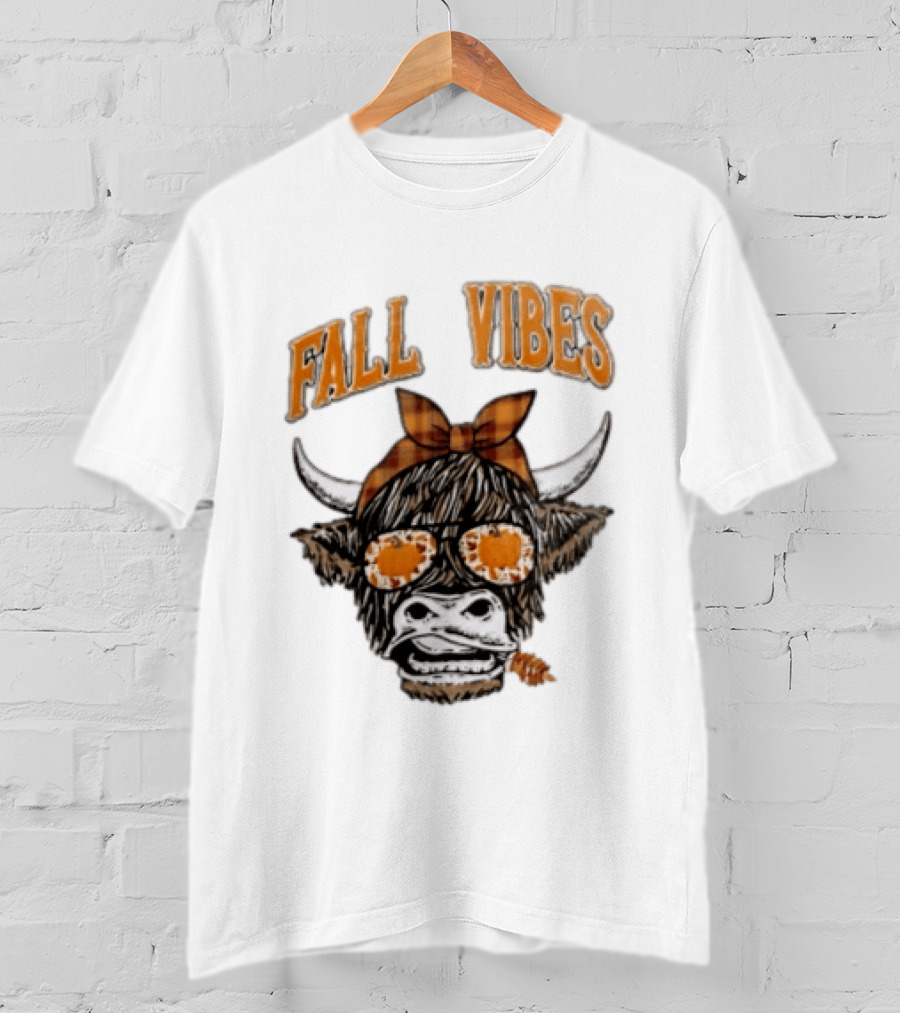 Fall Vibes Highland Cow Plaid Bow Sunglasses Pumpkins T-Shirt