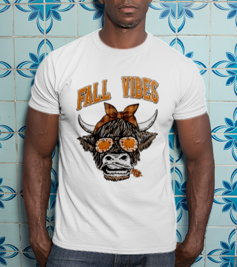 Fall Vibes Highland Cow Plaid Bow Sunglasses Pumpkins T-Shirt