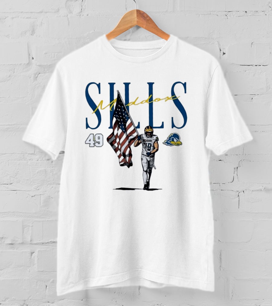 Delaware Blue Hens No 49 Maddox Sills US Flag Caricature T-Shirt