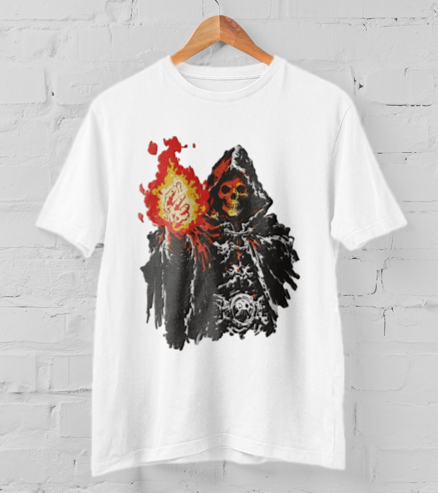 Skeleton Holding Fire Skeletor Hooded Cloak And Fiery Fist T-Shirt