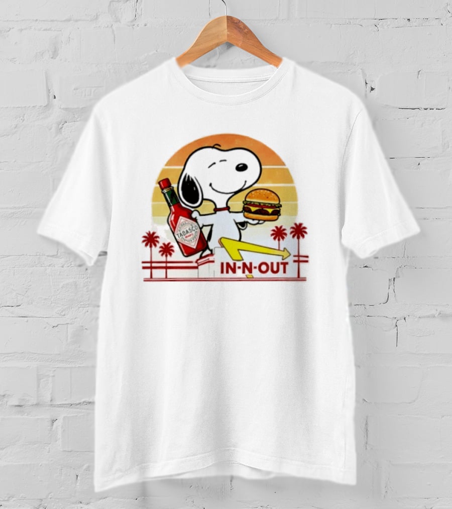 Snoopy Holding Tabasco Bottle And In N Out Burger Delightful Combination T-Shirt