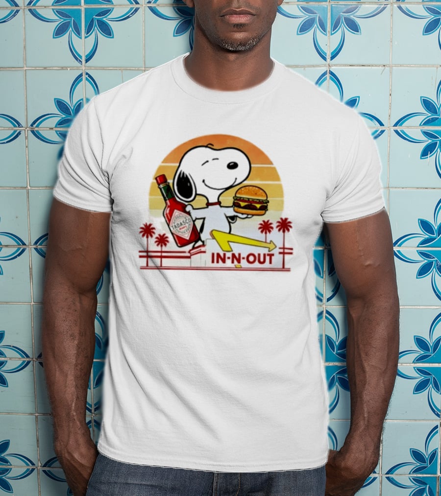 Snoopy Holding Tabasco Bottle And In N Out Burger Delightful Combination T-Shirt