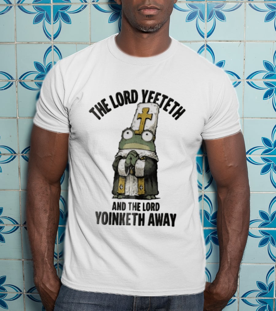 The Lord Yeeteth And The Lord Yoinketh Away Frog In Religious Vestments With Mitre Praying T-Shirt