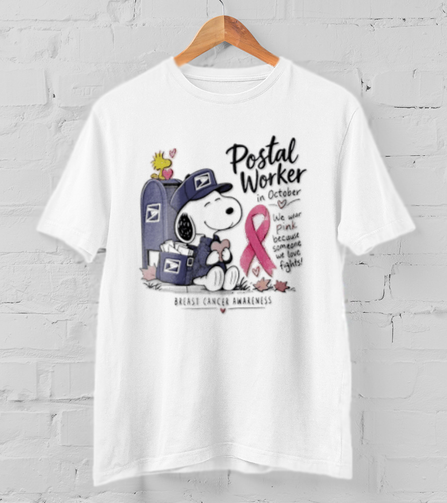 Postal Worker Snoopy And Woodstock With Pink Ribbon Supporting Fighters T-Shirt