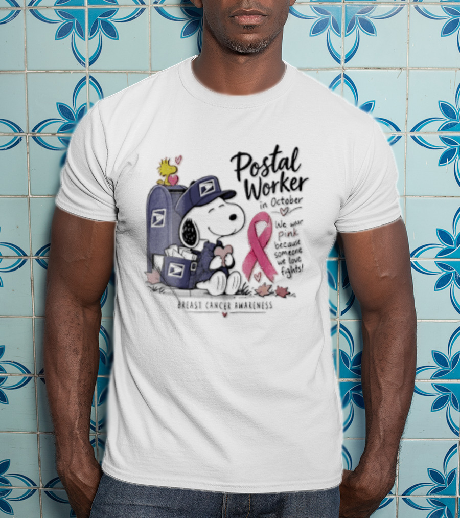 Postal Worker Snoopy And Woodstock With Pink Ribbon Supporting Fighters T-Shirt