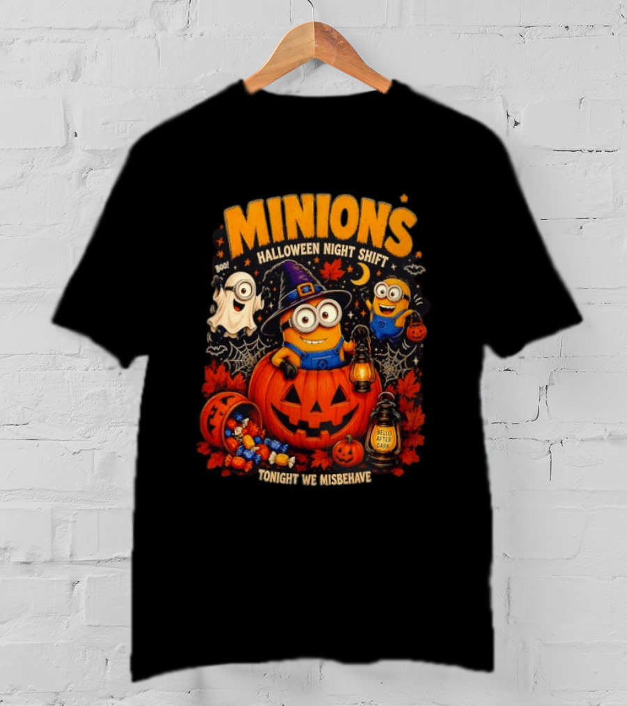 Minions Halloween Night Shift Bello After Dark Tonight We Misbehave Ghosts Pumpkins T-Shirt