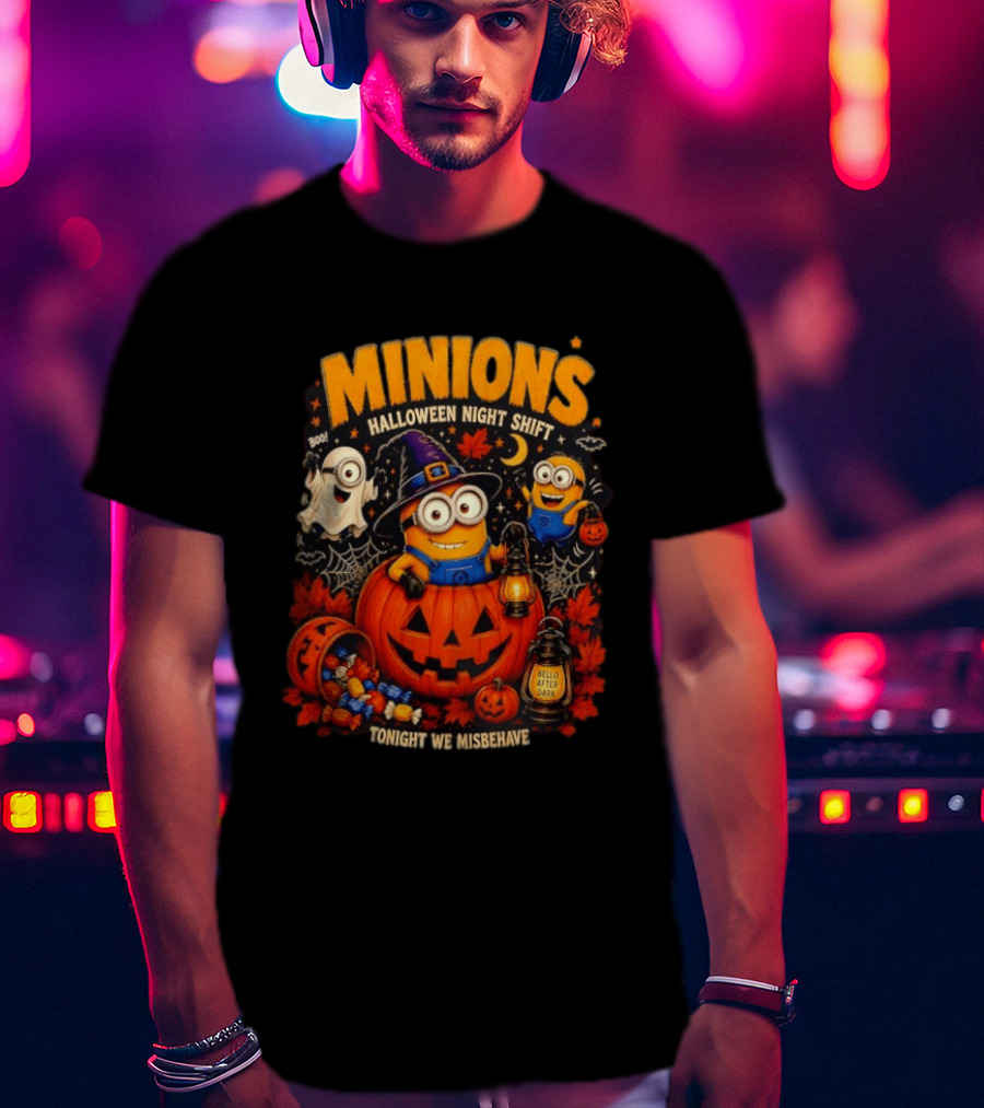 Minions Halloween Night Shift Bello After Dark Tonight We Misbehave Ghosts Pumpkins T-Shirt