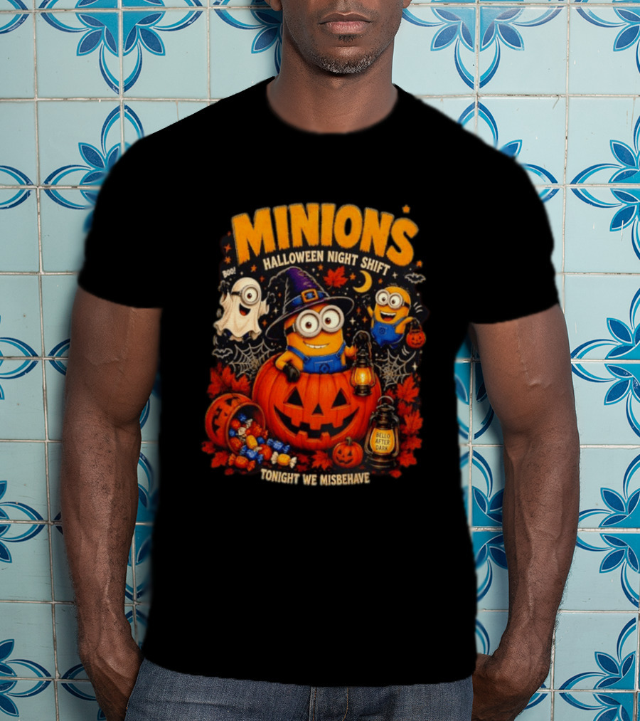 Minions Halloween Night Shift Bello After Dark Tonight We Misbehave Ghosts Pumpkins T-Shirt