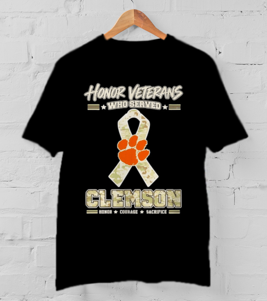 Honor Veterans Who Served Clemson Tigers Honor Courage Sacrifice Camouflage Ribbon T-Shirt
