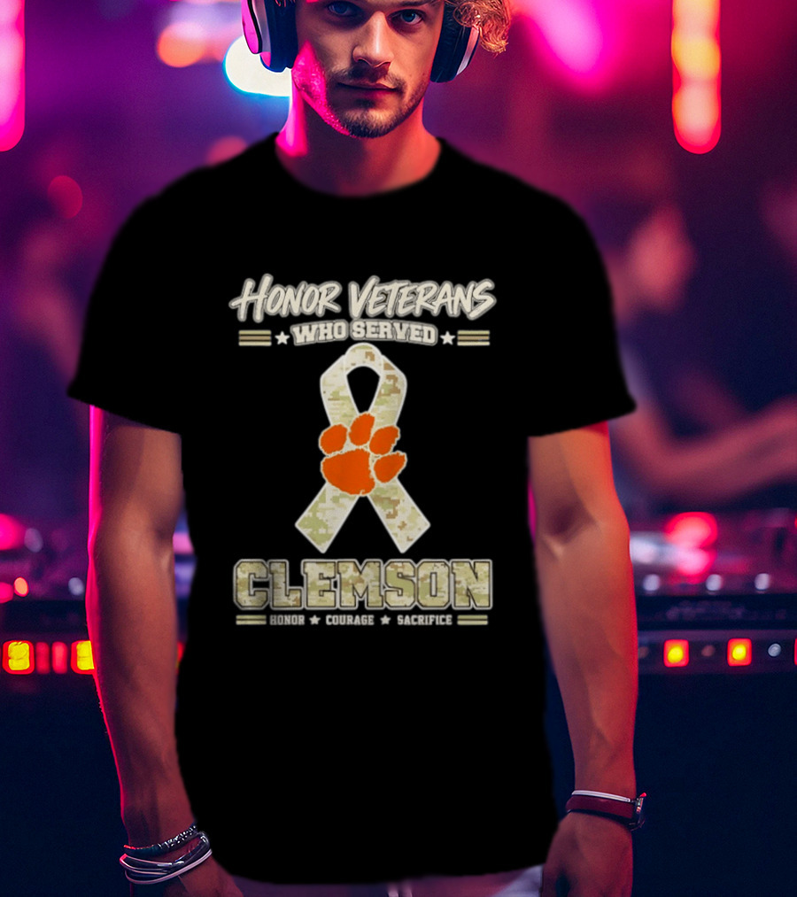Honor Veterans Who Served Clemson Tigers Honor Courage Sacrifice Camouflage Ribbon T-Shirt