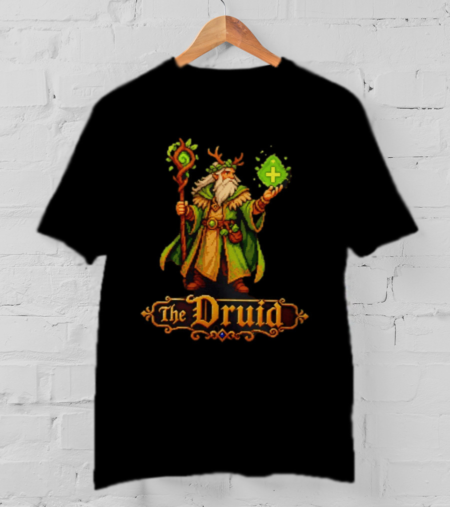 The Druid 16 Bit Game Cartoon Pixel Art Mage With Staff And Potion T-Shirt