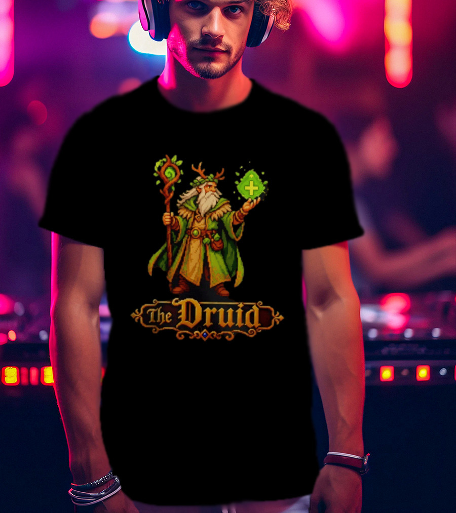 The Druid 16 Bit Game Cartoon Pixel Art Mage With Staff And Potion T-Shirt