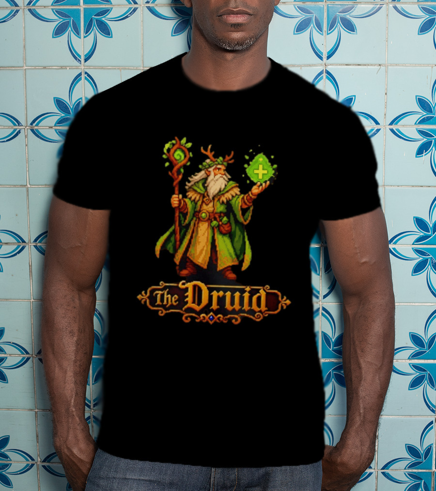 The Druid 16 Bit Game Cartoon Pixel Art Mage With Staff And Potion T-Shirt