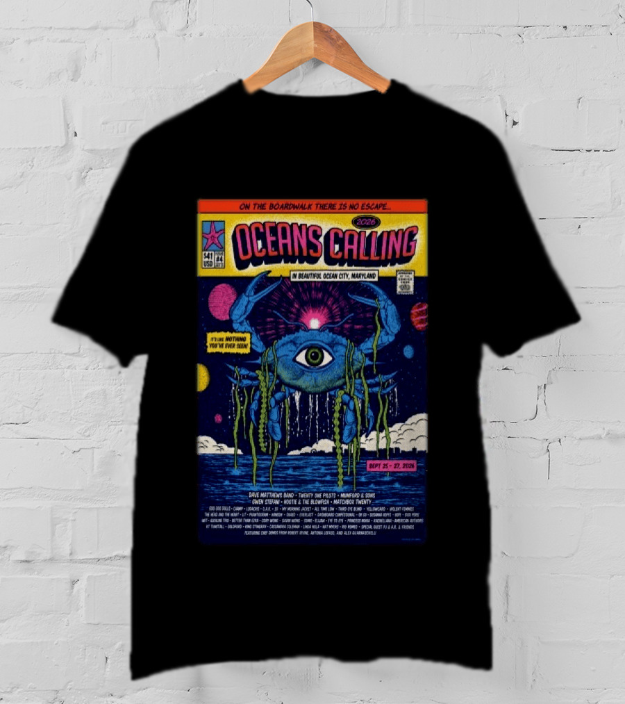 Oceans Calling Festival 2026 Ocean City Maryland Lineup Dave Matthews Band The Lumineers Alanis Morissette 9 25 27 Crab Eye Comic T-Shirt