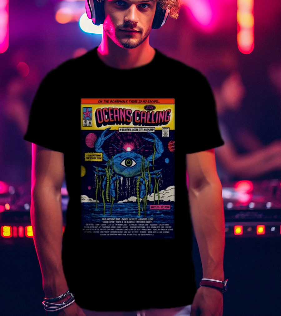 Oceans Calling Festival 2026 Ocean City Maryland Lineup Dave Matthews Band The Lumineers Alanis Morissette 9 25 27 Crab Eye Comic T-Shirt