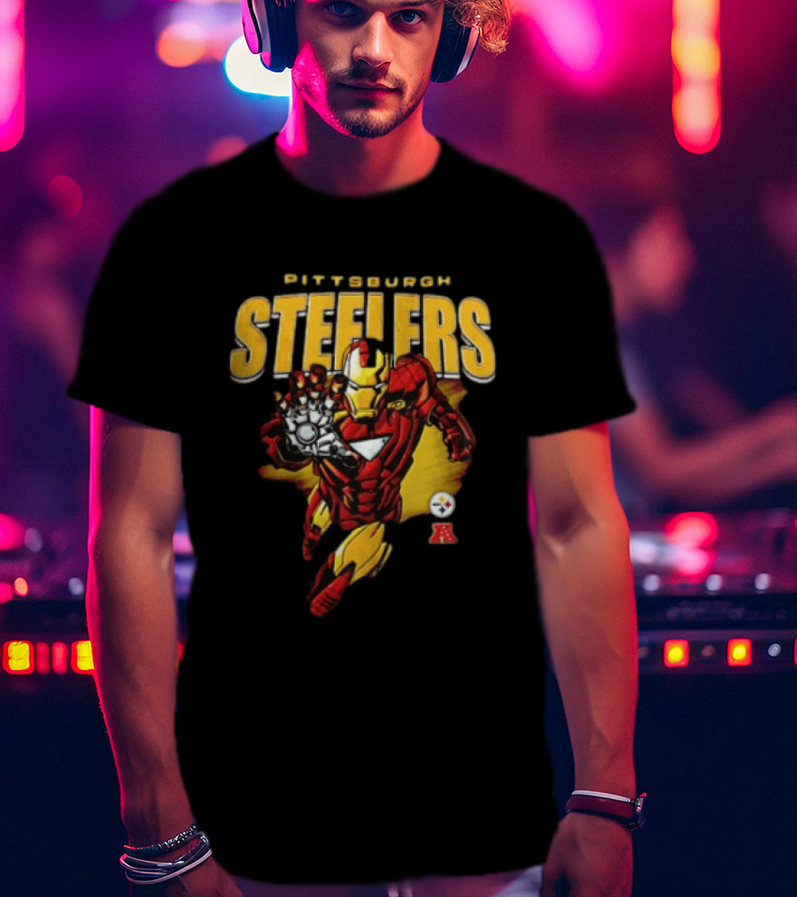 Pittsburgh Steelers Iron Man Flying Forward Graphic Suit Officially Licensed NFL Marvel Collaboration T-Shirt