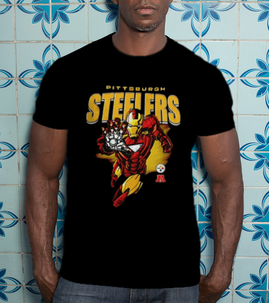 Pittsburgh Steelers Iron Man Flying Forward Graphic Suit Officially Licensed NFL Marvel Collaboration T-Shirt