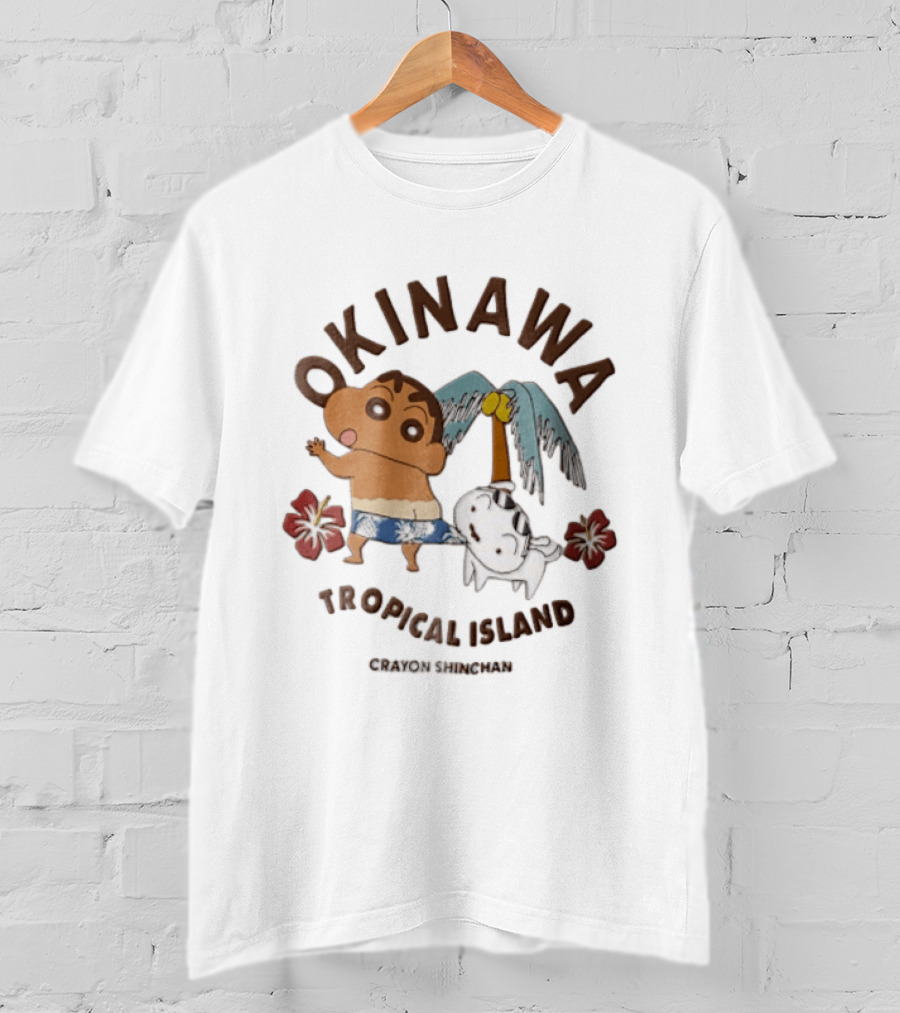 Okinawa Tropical Island Crayon Shin Chan Shinnosuke Nohara Shiro Palm Tree Hibiscus T-Shirt