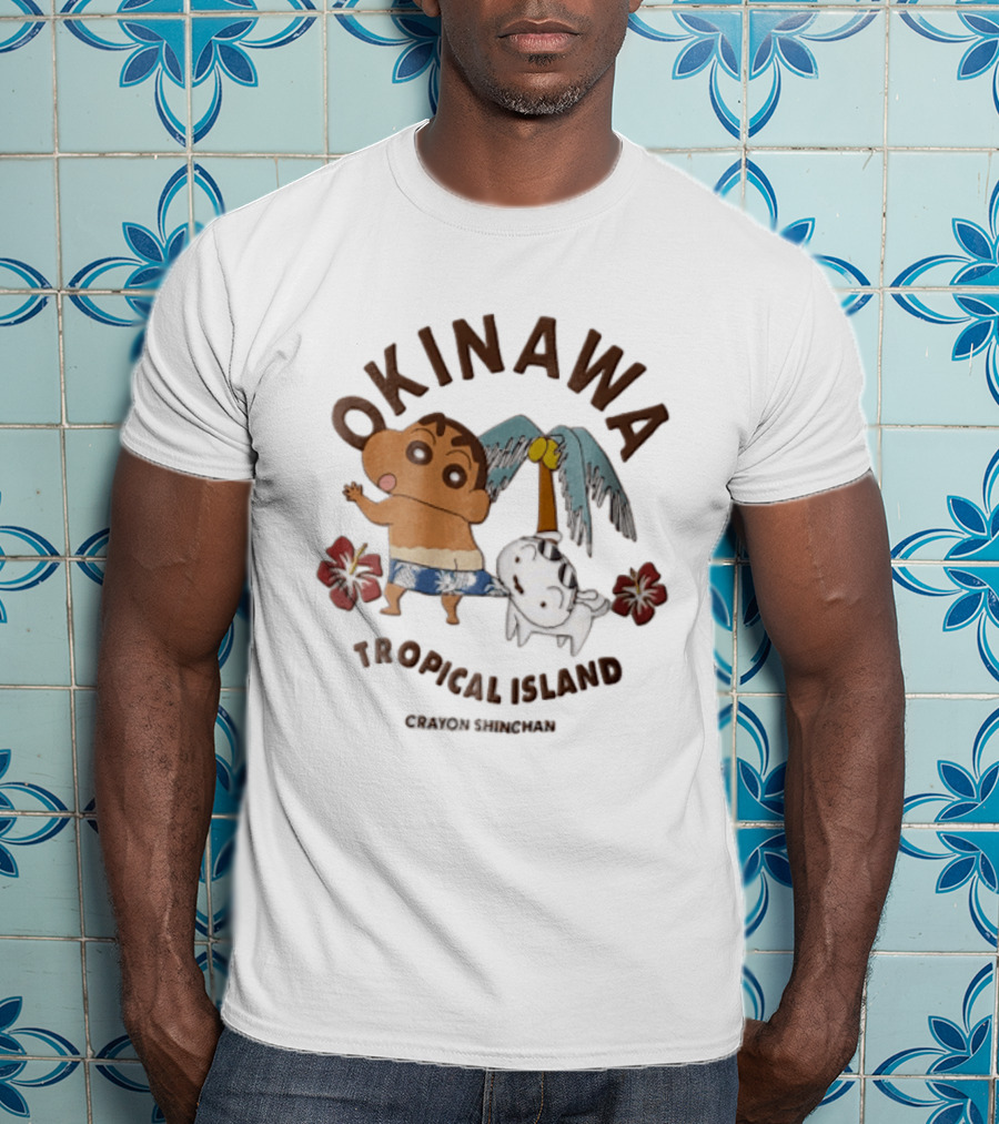 Okinawa Tropical Island Crayon Shin Chan Shinnosuke Nohara Shiro Palm Tree Hibiscus T-Shirt