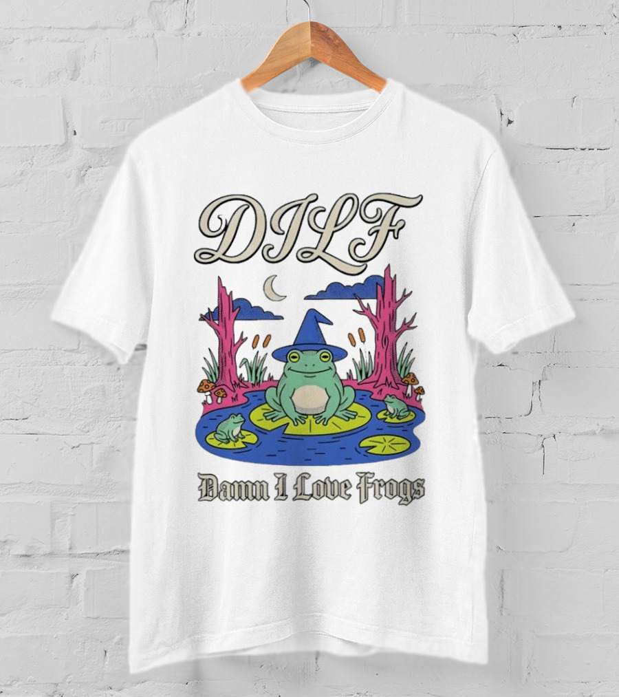 DILF Damn I Love Frogs Cartoon Frog In Pond With Wizard Hat T-Shirt