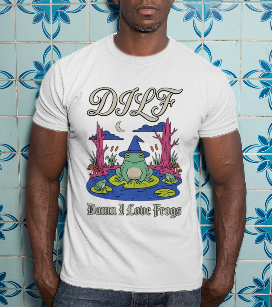 DILF Damn I Love Frogs Cartoon Frog In Pond With Wizard Hat T-Shirt